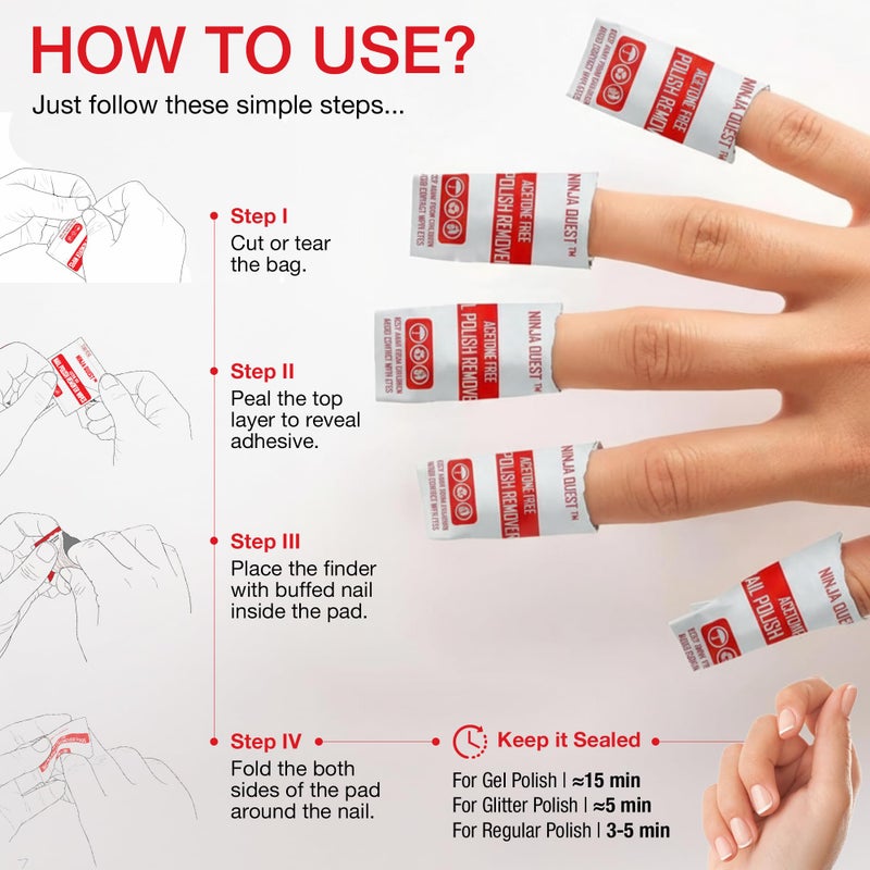 NINJA QUEST Nail Polish Remover Pads 100% Non Acetone - 200 Pack of Individually Wrapped Bulk Set Gel Nail Polish Remover Wipes - Fingernail Travel Kit to Clear Nail Polish for Home & Professional Removal - Image 5