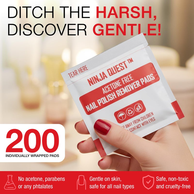 NINJA QUEST Nail Polish Remover Pads 100% Non Acetone - 200 Pack of Individually Wrapped Bulk Set Gel Nail Polish Remover Wipes - Fingernail Travel Kit to Clear Nail Polish for Home & Professional Removal - Image 2