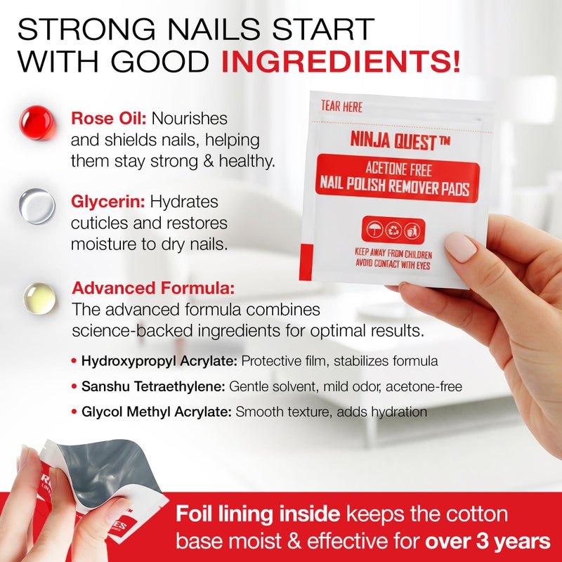 NINJA QUEST Nail Polish Remover Pads 100% Non Acetone - 200 Pack of Individually Wrapped Bulk Set Gel Nail Polish Remover Wipes - Fingernail Travel Kit to Clear Nail Polish for Home & Professional Removal - Image 3