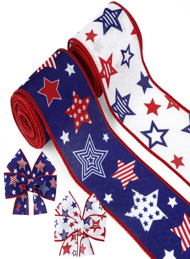 KIYFXA 2 Rolls Red White and Blue Ribbon Wired 4th of July Ribbon 2.5 Inch 20 Yards Patriotic Decorations Stars and Stripe Independence Day Memorial Day Veteran USA Party Favor DIY Craft Bow Wreath Making - Image 1