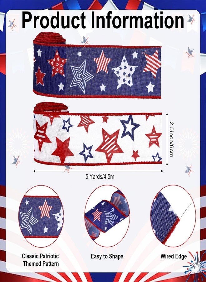 KIYFXA 2 Rolls Red White and Blue Ribbon Wired 4th of July Ribbon 2.5 Inch 20 Yards Patriotic Decorations Stars and Stripe Independence Day Memorial Day Veteran USA Party Favor DIY Craft Bow Wreath Making - Image 2