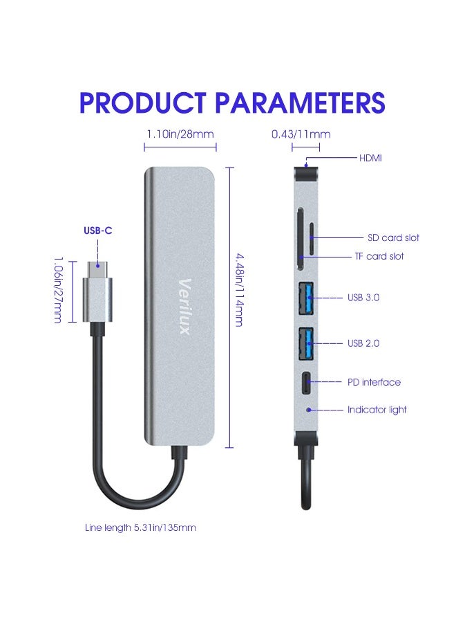 فيريلوكس محول متعدد المنافذ Verilux ® USB C Hub، 6 في 1 محمول من الألومنيوم USB C Hub، مع توصيل طاقة 87 واط، قارئ بطاقة SD/TF، محطة إرساء USB 4K HDMI، متوافق مع MacBook Pro، XPS More Type C - Image 4