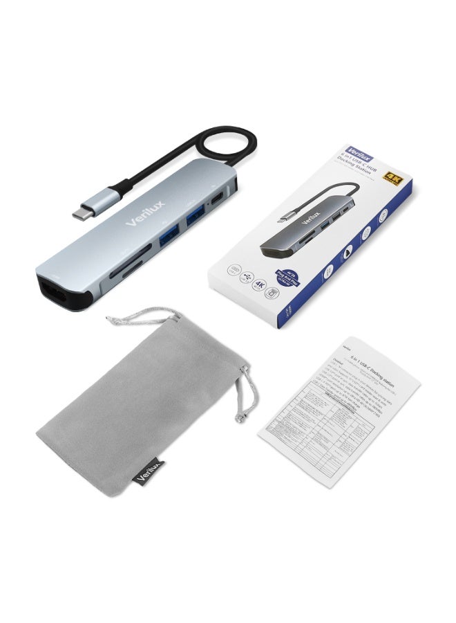 فيريلوكس محول متعدد المنافذ Verilux ® USB C Hub، 6 في 1 محمول من الألومنيوم USB C Hub، مع توصيل طاقة 87 واط، قارئ بطاقة SD/TF، محطة إرساء USB 4K HDMI، متوافق مع MacBook Pro، XPS More Type C - Image 3