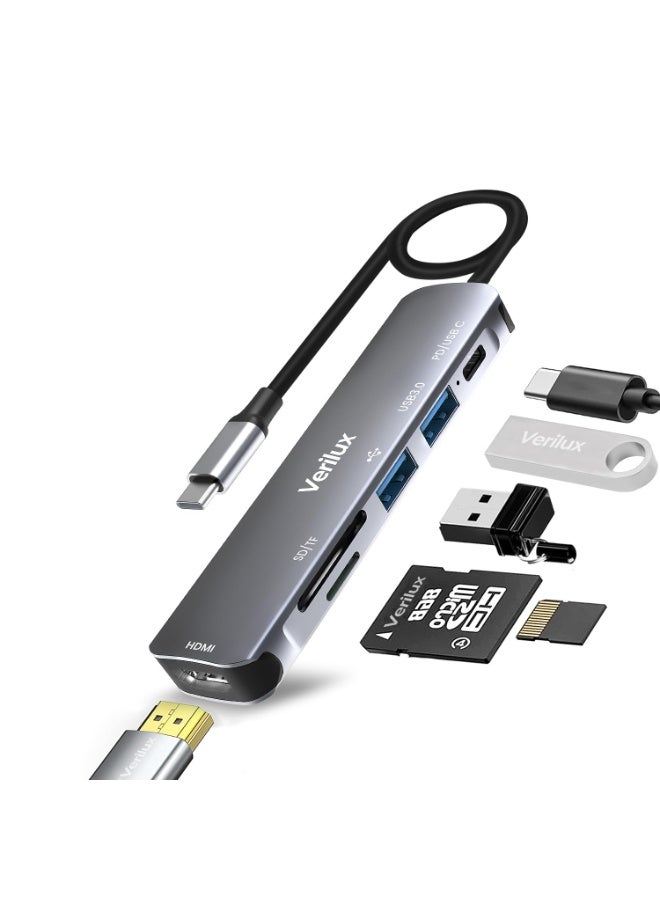 فيريلوكس محول متعدد المنافذ Verilux ® USB C Hub، 6 في 1 محمول من الألومنيوم USB C Hub، مع توصيل طاقة 87 واط، قارئ بطاقة SD/TF، محطة إرساء USB 4K HDMI، متوافق مع MacBook Pro، XPS More Type C - Image 1