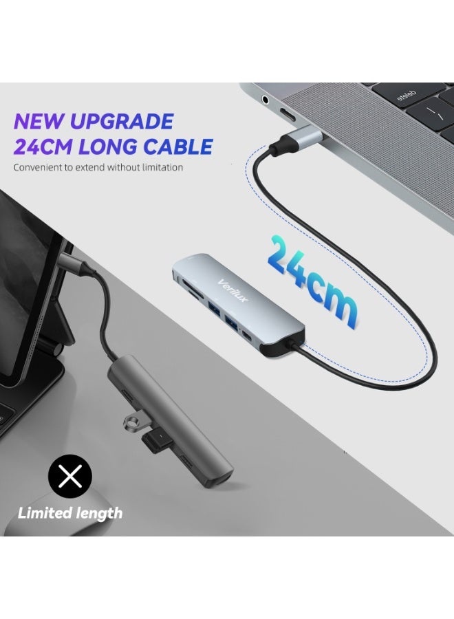 فيريلوكس محول متعدد المنافذ Verilux ® USB C Hub، 6 في 1 محمول من الألومنيوم USB C Hub، مع توصيل طاقة 87 واط، قارئ بطاقة SD/TF، محطة إرساء USB 4K HDMI، متوافق مع MacBook Pro، XPS More Type C - Image 5