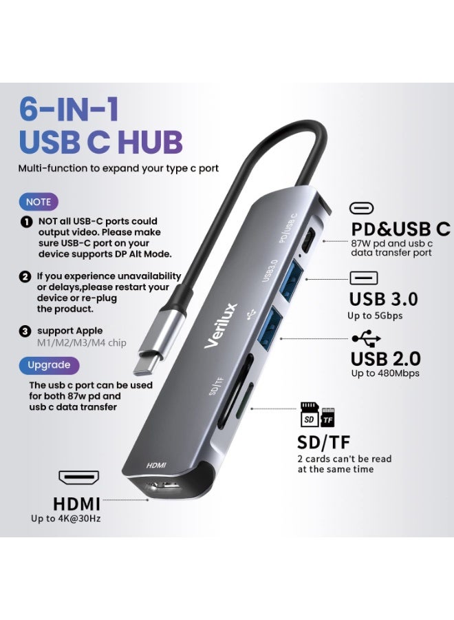 فيريلوكس محول متعدد المنافذ Verilux ® USB C Hub، 6 في 1 محمول من الألومنيوم USB C Hub، مع توصيل طاقة 87 واط، قارئ بطاقة SD/TF، محطة إرساء USB 4K HDMI، متوافق مع MacBook Pro، XPS More Type C - Image 2