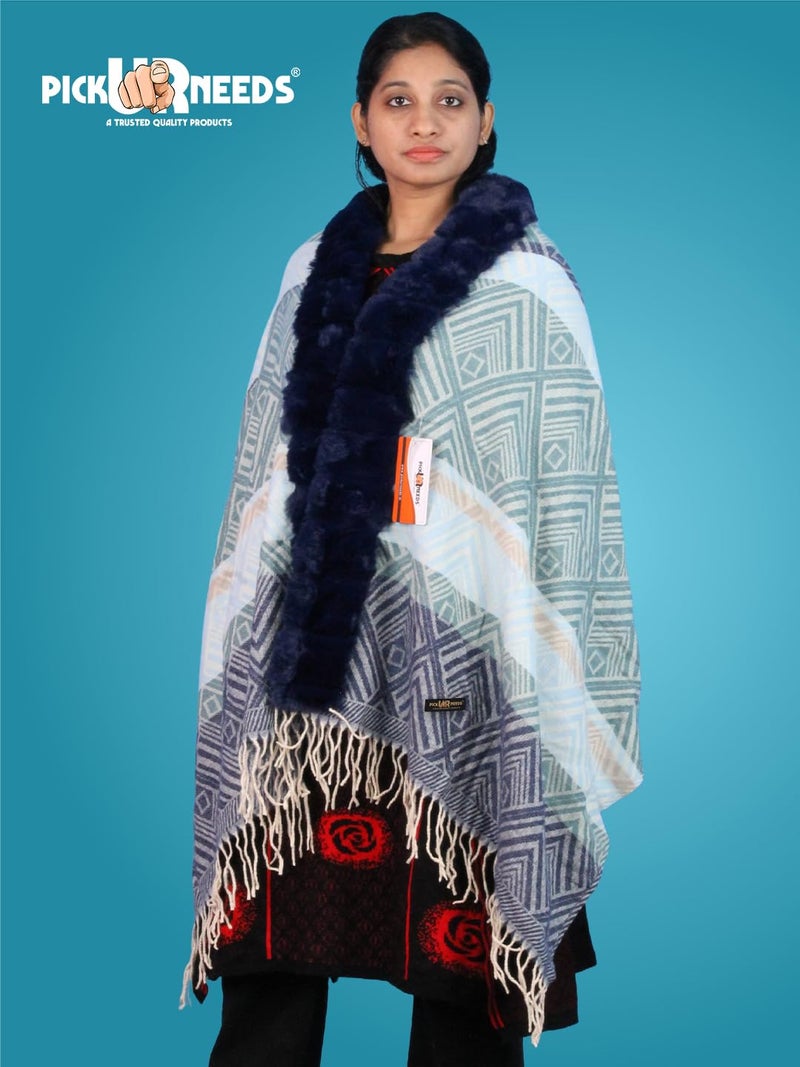 Pick Ur Needs Elegant Winter Soft & Warm Woolen Shawl with Faux Fur Border Multi Color Pattern Scarf (Blue 2) - Image 5