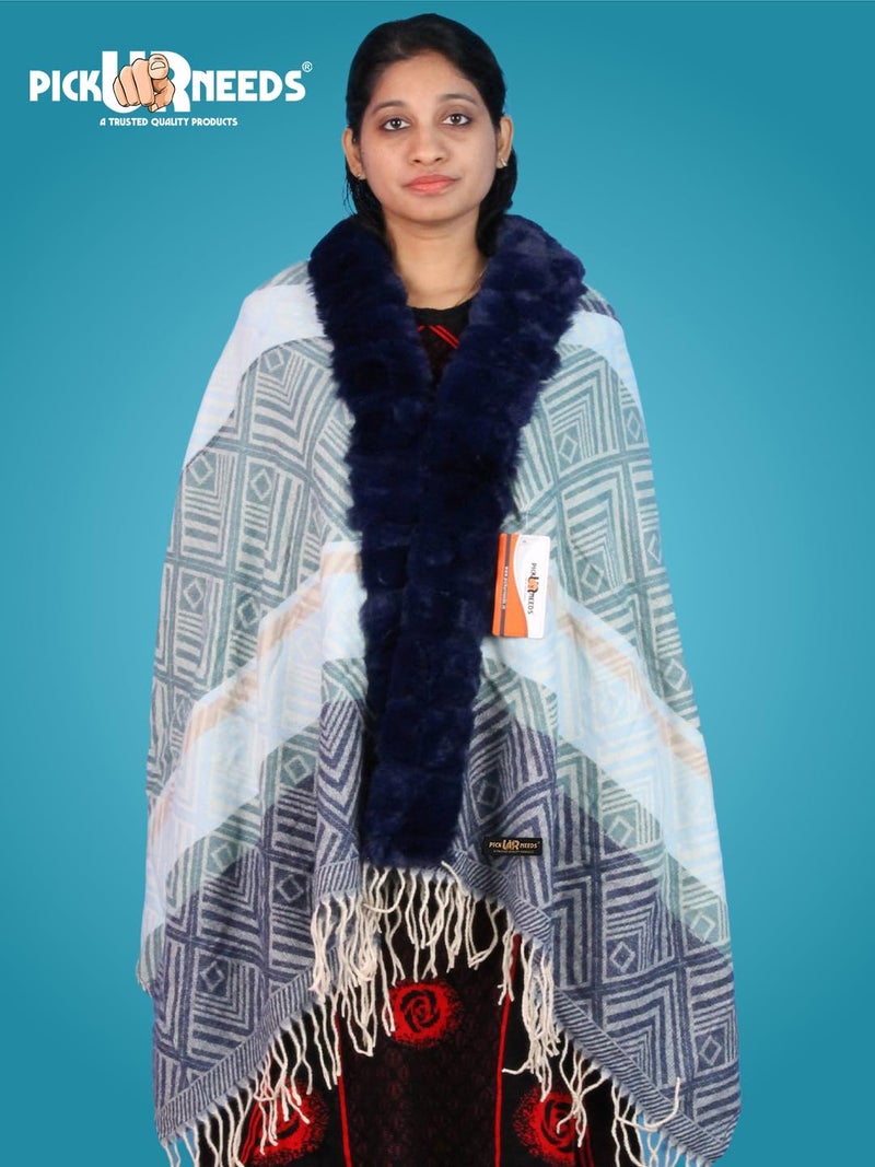 Pick Ur Needs Elegant Winter Soft & Warm Woolen Shawl with Faux Fur Border Multi Color Pattern Scarf (Blue 2) - Image 3