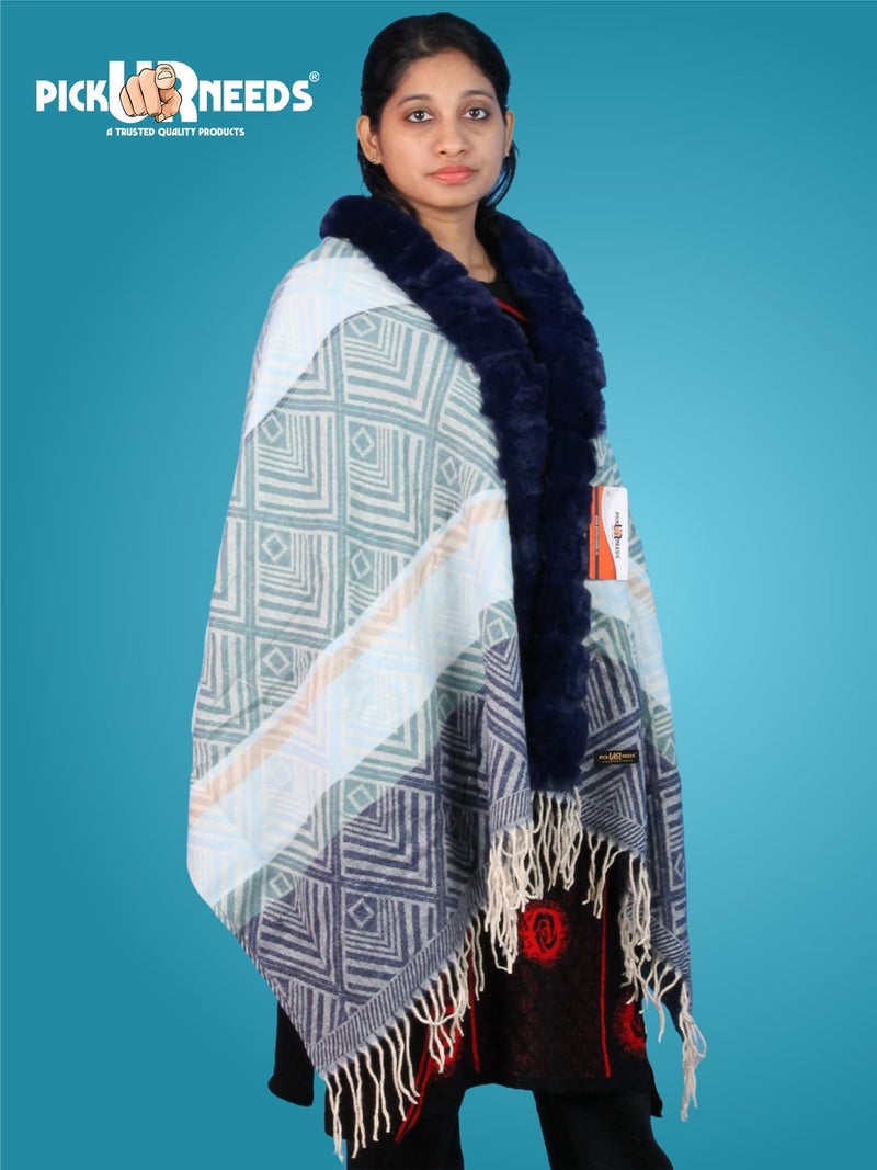 Pick Ur Needs Elegant Winter Soft & Warm Woolen Shawl with Faux Fur Border Multi Color Pattern Scarf (Blue 2) - Image 4
