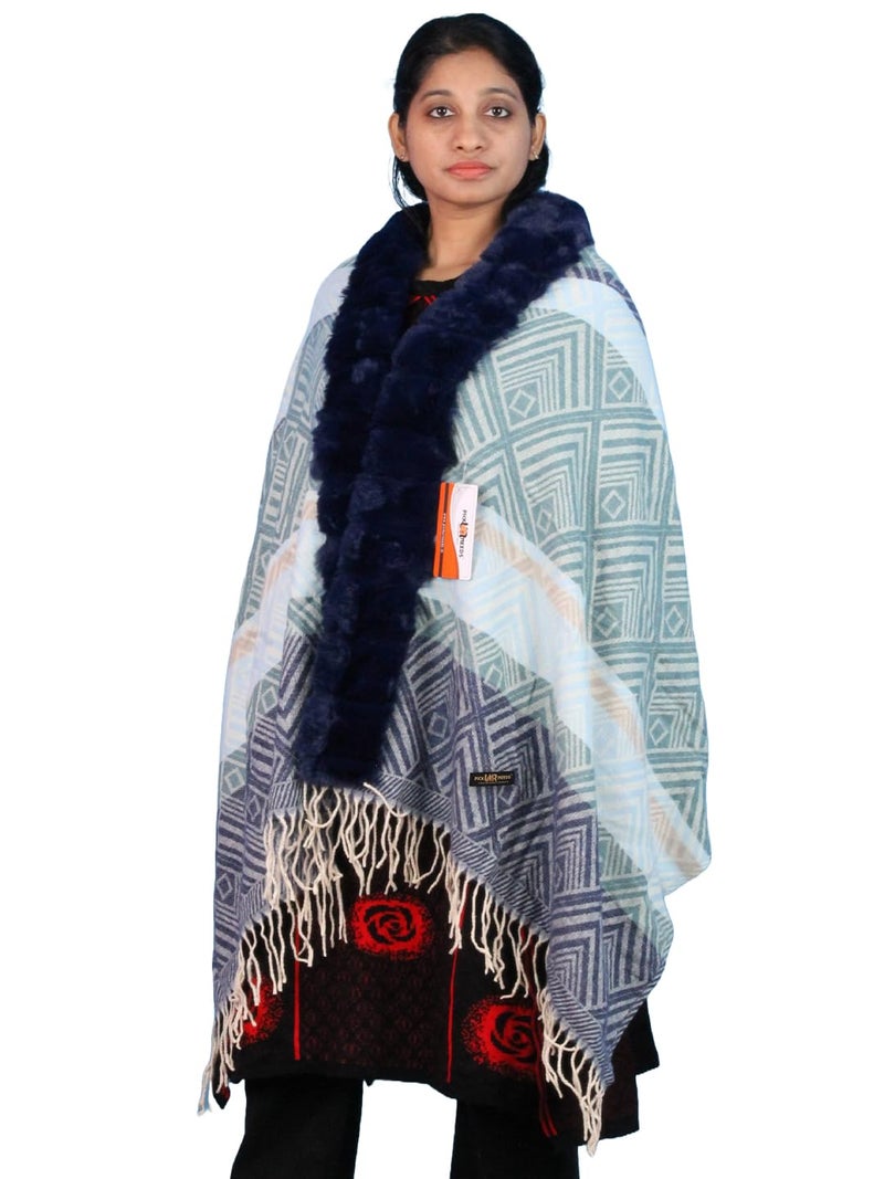 Pick Ur Needs Elegant Winter Soft & Warm Woolen Shawl with Faux Fur Border Multi Color Pattern Scarf (Blue 2) - Image 1