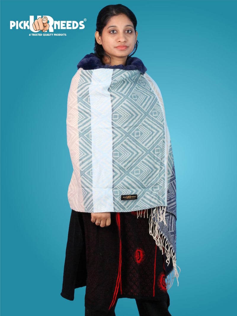 Pick Ur Needs Elegant Winter Soft & Warm Woolen Shawl with Faux Fur Border Multi Color Pattern Scarf (Blue 2) - Image 2
