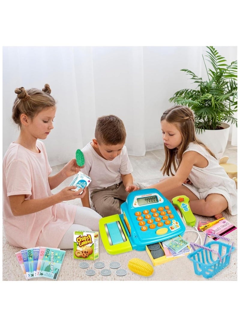مجموعة ألعاب تسجيل النقد، مجموعة ألعاب تعليمية تظاهرية مع ماسح ضوئي، بطاقة ائتمان، سلة، آلة حاسبة، طعام لعب، ألعاب تعليمية لمرحلة ما قبل المدرسة للفتيات الصغيرات والأولاد - Image 3