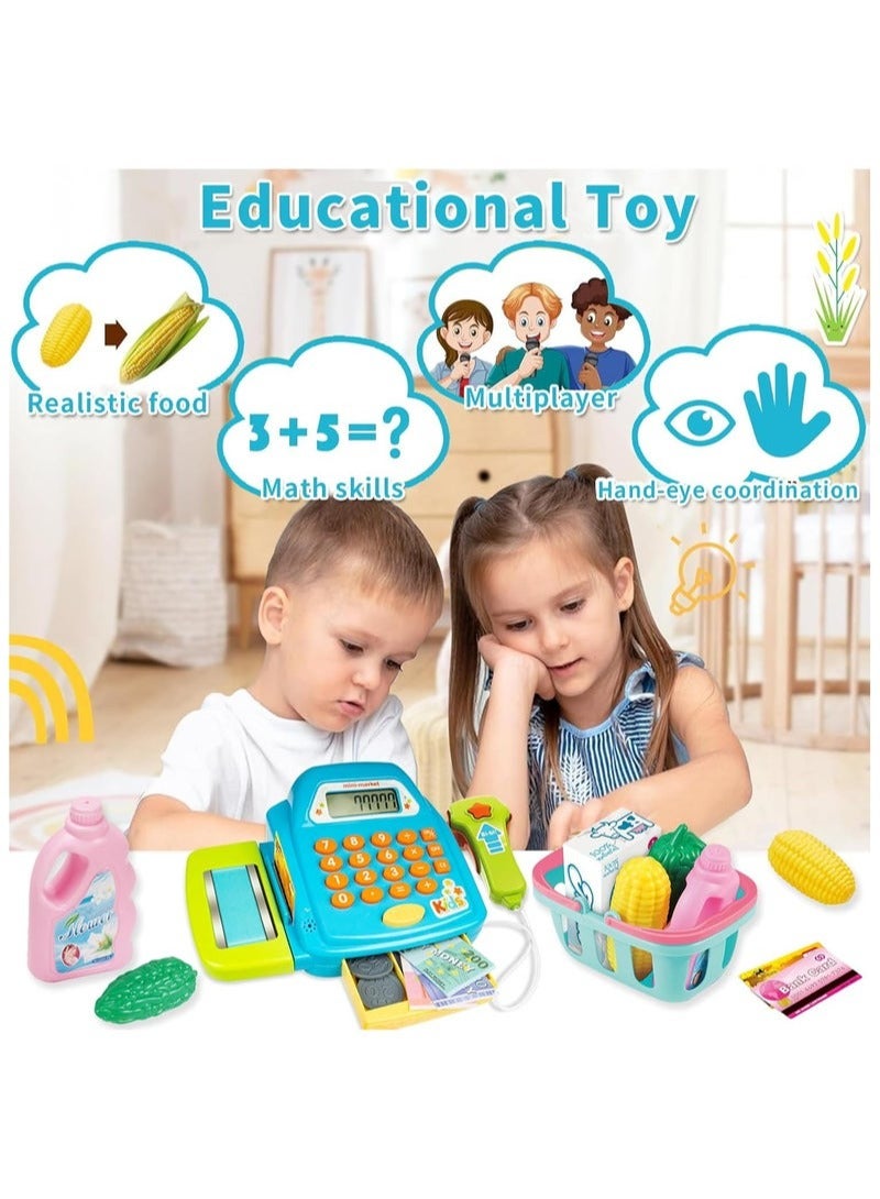 مجموعة ألعاب تسجيل النقد، مجموعة ألعاب تعليمية تظاهرية مع ماسح ضوئي، بطاقة ائتمان، سلة، آلة حاسبة، طعام لعب، ألعاب تعليمية لمرحلة ما قبل المدرسة للفتيات الصغيرات والأولاد - Image 2