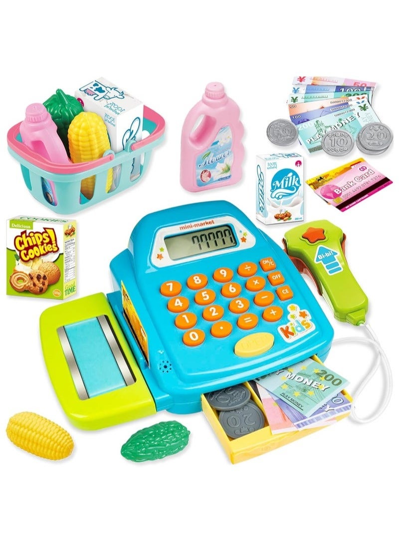 مجموعة ألعاب تسجيل النقد، مجموعة ألعاب تعليمية تظاهرية مع ماسح ضوئي، بطاقة ائتمان، سلة، آلة حاسبة، طعام لعب، ألعاب تعليمية لمرحلة ما قبل المدرسة للفتيات الصغيرات والأولاد - Image 1