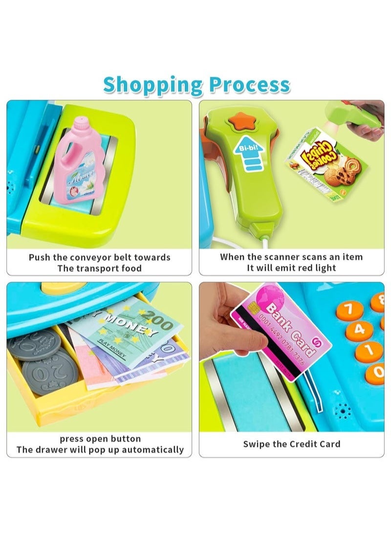 مجموعة ألعاب تسجيل النقد، مجموعة ألعاب تعليمية تظاهرية مع ماسح ضوئي، بطاقة ائتمان، سلة، آلة حاسبة، طعام لعب، ألعاب تعليمية لمرحلة ما قبل المدرسة للفتيات الصغيرات والأولاد - Image 4
