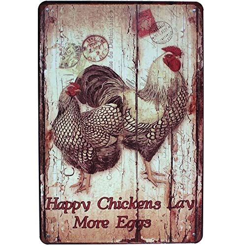 MegaDeal Happy Chickens Lay More Eggs, Rooster Decor Metal Tin Sign, Wall Ornament Farm & Bar Decor 8" X 12" - Image 1