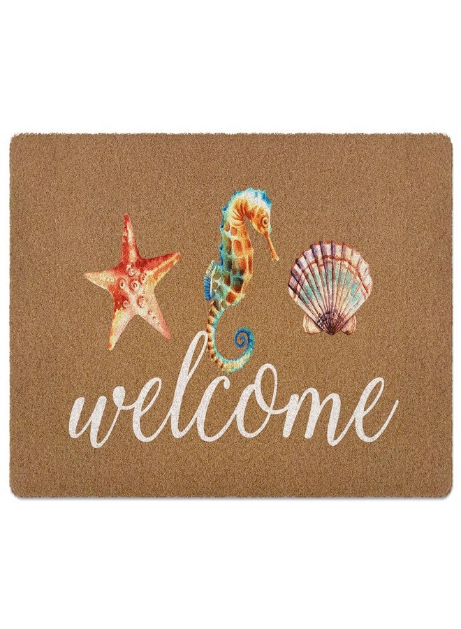 XLDLIOO Beach Seahorse Seashell Starfish Ocean Door Mat, Sea Coastal Welcome Front Door Mat Indoor Outdoor Entrance, Rustic Summer Artificial Coir Doormat Rugs for Beachy House Home Decor 30x17in - Image 1