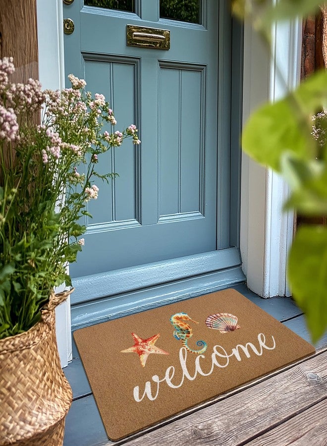 XLDLIOO Beach Seahorse Seashell Starfish Ocean Door Mat, Sea Coastal Welcome Front Door Mat Indoor Outdoor Entrance, Rustic Summer Artificial Coir Doormat Rugs for Beachy House Home Decor 30x17in - Image 2