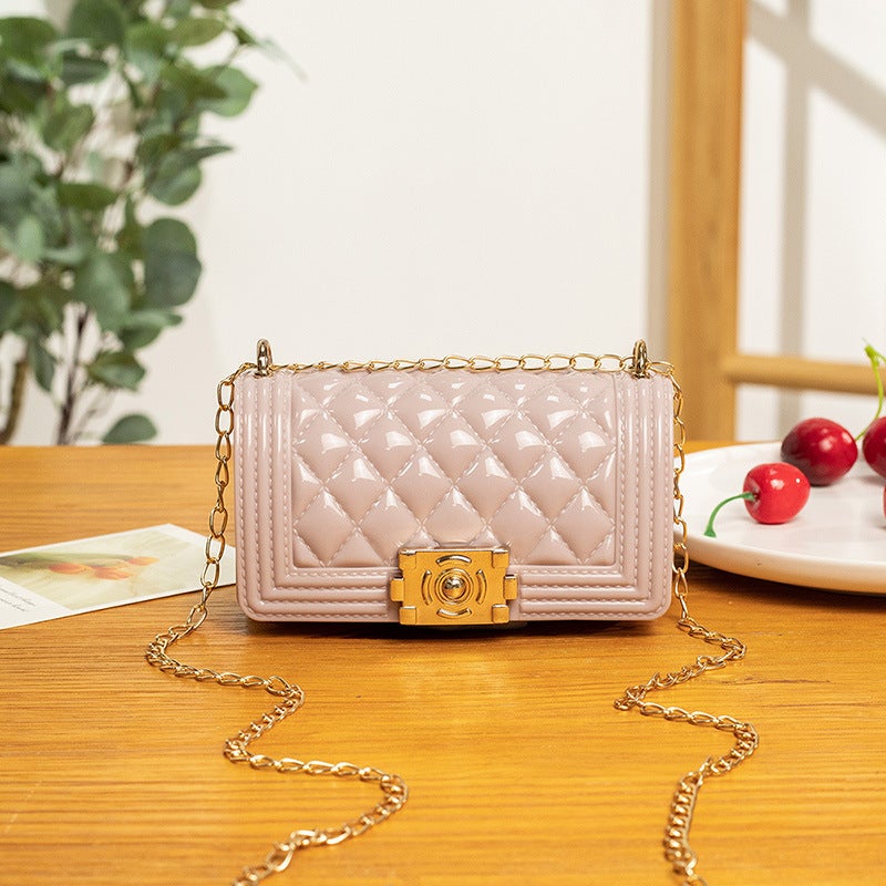 Foreign trade Womens bag 2021 Diamond jelly bag lock chain small square bag mini coin purse shoulder bag crossbody small bag Lotus root color 