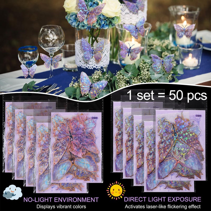 RAINBOW WSK 50 PCs Butterfly Wall Decor Cute Fairy Butterflies Wall Stickers 3D Butterflies for Birthday Cake Wedding Party Craft Room Decor Removable DIY Wall Decals sm- (Purple) - Image 2
