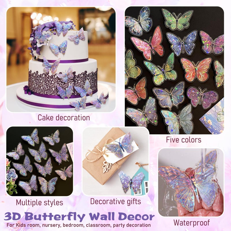 RAINBOW WSK 50 PCs Butterfly Wall Decor Cute Fairy Butterflies Wall Stickers 3D Butterflies for Birthday Cake Wedding Party Craft Room Decor Removable DIY Wall Decals sm- (Purple) - Image 3