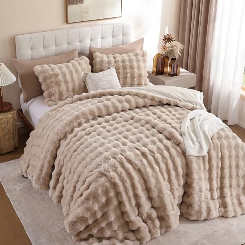 YIKUSH Linen Comforter Set Full - Luxurious Faux Fur Comforter for Winter, Fluffy Comforter Queen Set with 2 Pillowcases, Soft Warm Linen Bedding Set - Image 2