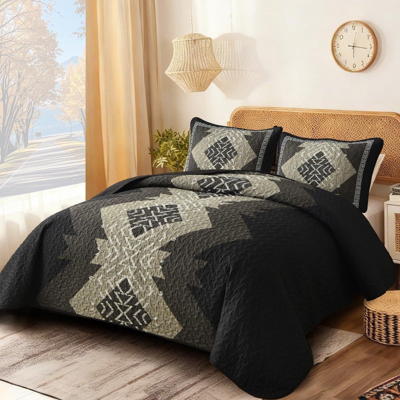 Dintszyayue Black Boho Quilt Set Queen, Aztec Western Quilt Bedspread Set, 3 Pieces Texture Bedspread Southwestern Bedding Set, Soft Lightweight Coverlet Set for All Season with 2 Pillowcases - Image 2