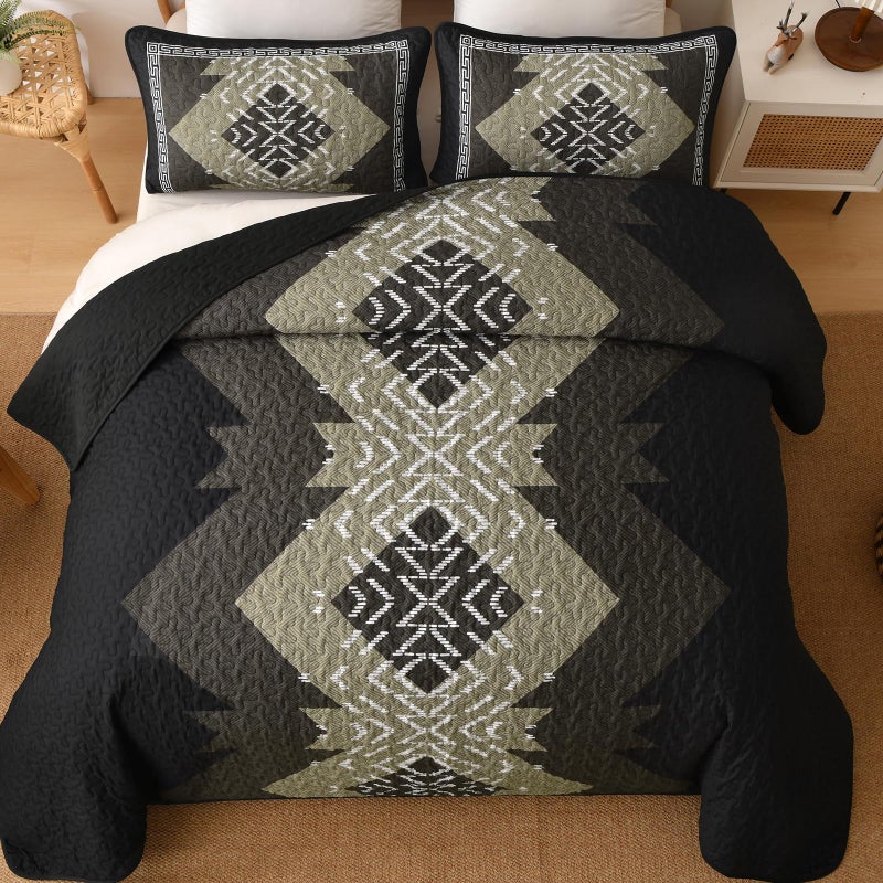 Dintszyayue Black Boho Quilt Set Queen, Aztec Western Quilt Bedspread Set, 3 Pieces Texture Bedspread Southwestern Bedding Set, Soft Lightweight Coverlet Set for All Season with 2 Pillowcases - Image 3