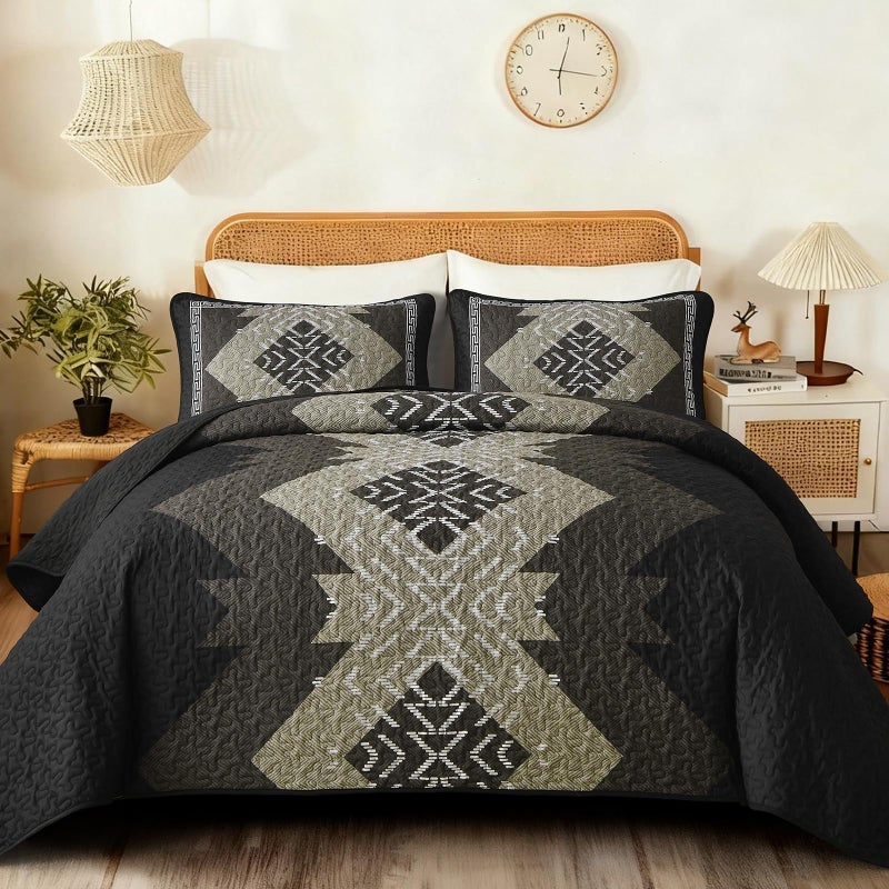 Dintszyayue Black Boho Quilt Set Queen, Aztec Western Quilt Bedspread Set, 3 Pieces Texture Bedspread Southwestern Bedding Set, Soft Lightweight Coverlet Set for All Season with 2 Pillowcases - Image 1