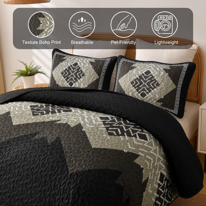 Dintszyayue Black Boho Quilt Set Queen, Aztec Western Quilt Bedspread Set, 3 Pieces Texture Bedspread Southwestern Bedding Set, Soft Lightweight Coverlet Set for All Season with 2 Pillowcases - Image 5