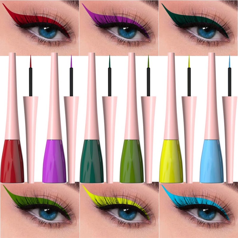 evpct 6Pcs Dark Red Purple Dark Green Light Green Sky Blue Liquid Eyeliner Set Waterproof Eye Liners for Women, Eyes Wing Colored delineador de ojos a prueba de agua contra el agua blanco para ojos