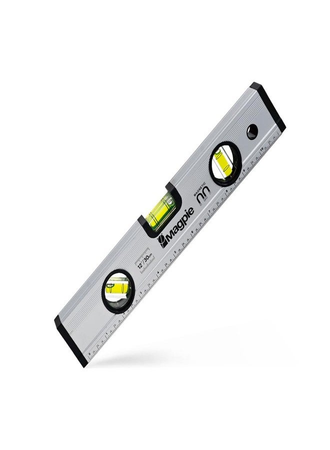 Magpie 12-Inch Magnetic Level and Ruler, 180/90/45 Degree Bubbles, Mechanical Torpedo Level, Shock Absorbing End Caps, Measurement in Inches and Centimeters - Image 1