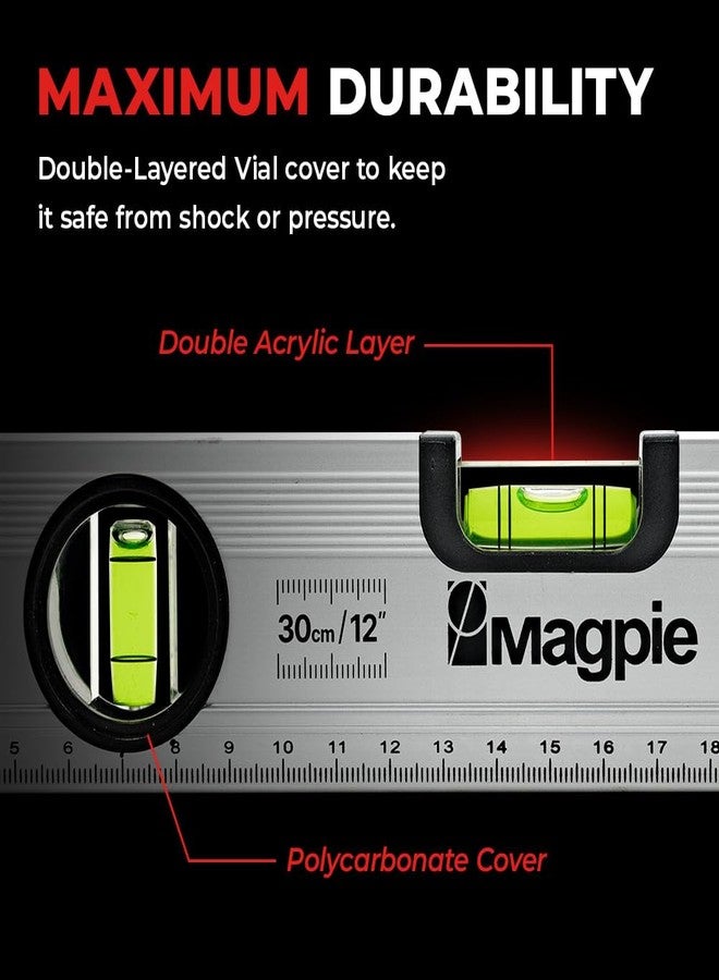 Magpie 12-Inch Magnetic Level and Ruler, 180/90/45 Degree Bubbles, Mechanical Torpedo Level, Shock Absorbing End Caps, Measurement in Inches and Centimeters - Image 4