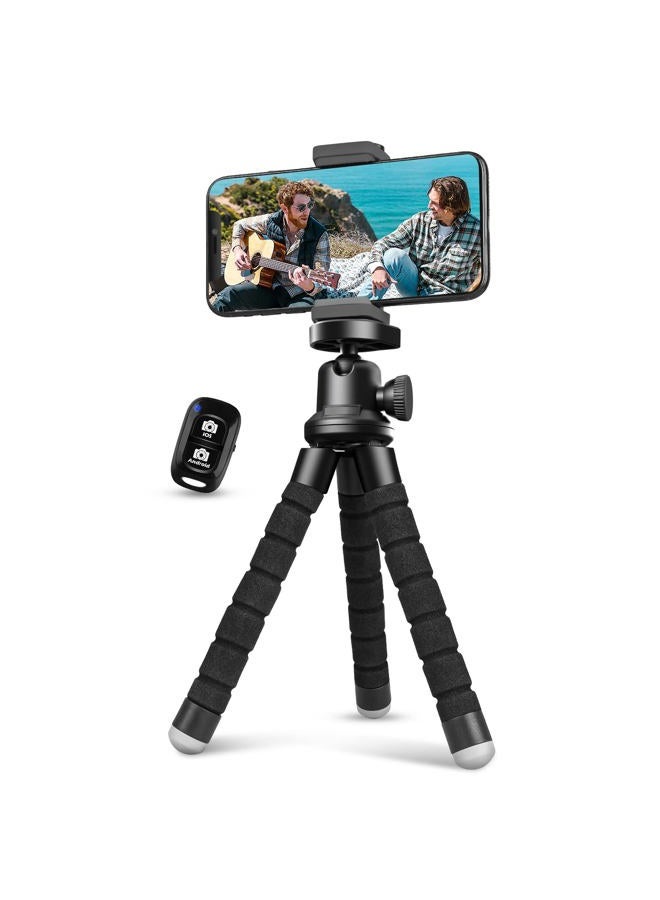 Aureday Phone Tripod, Flexible Tripod for iPhone and Android Cell Phone, Portable Small Tripod with Wireless Remote and Clip for Video Recording/Vlogging/Selfie Black - Image 1