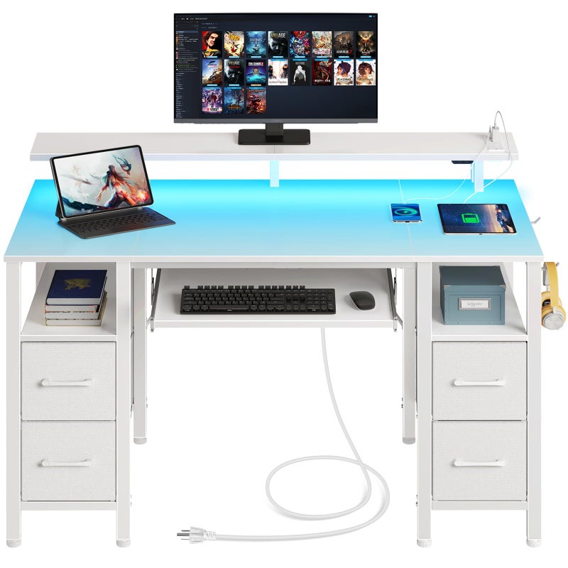 Seventable Computer Desk 551 with LED Lights  Power Outlets Home Office Desk with 4 Drawers Writing Desk with Keyboard Tray Study Table with Monitor Stand Work for Home Office White