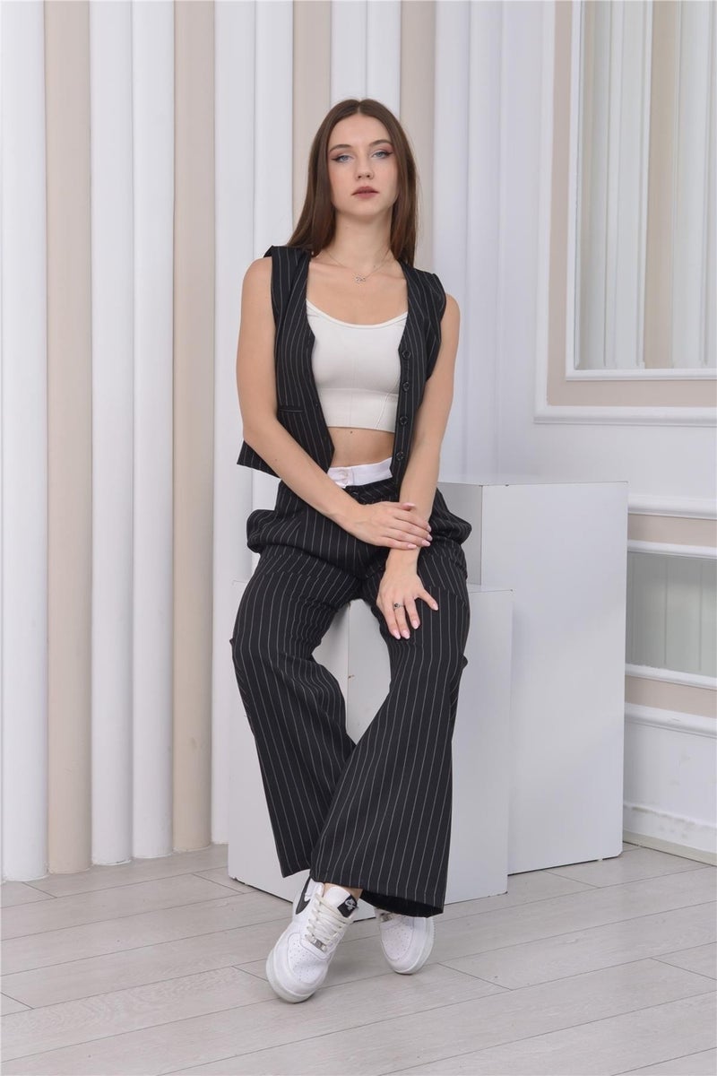 Nuseel Body-fitting Striped Patterned Trousers & Vest Black - Image 2