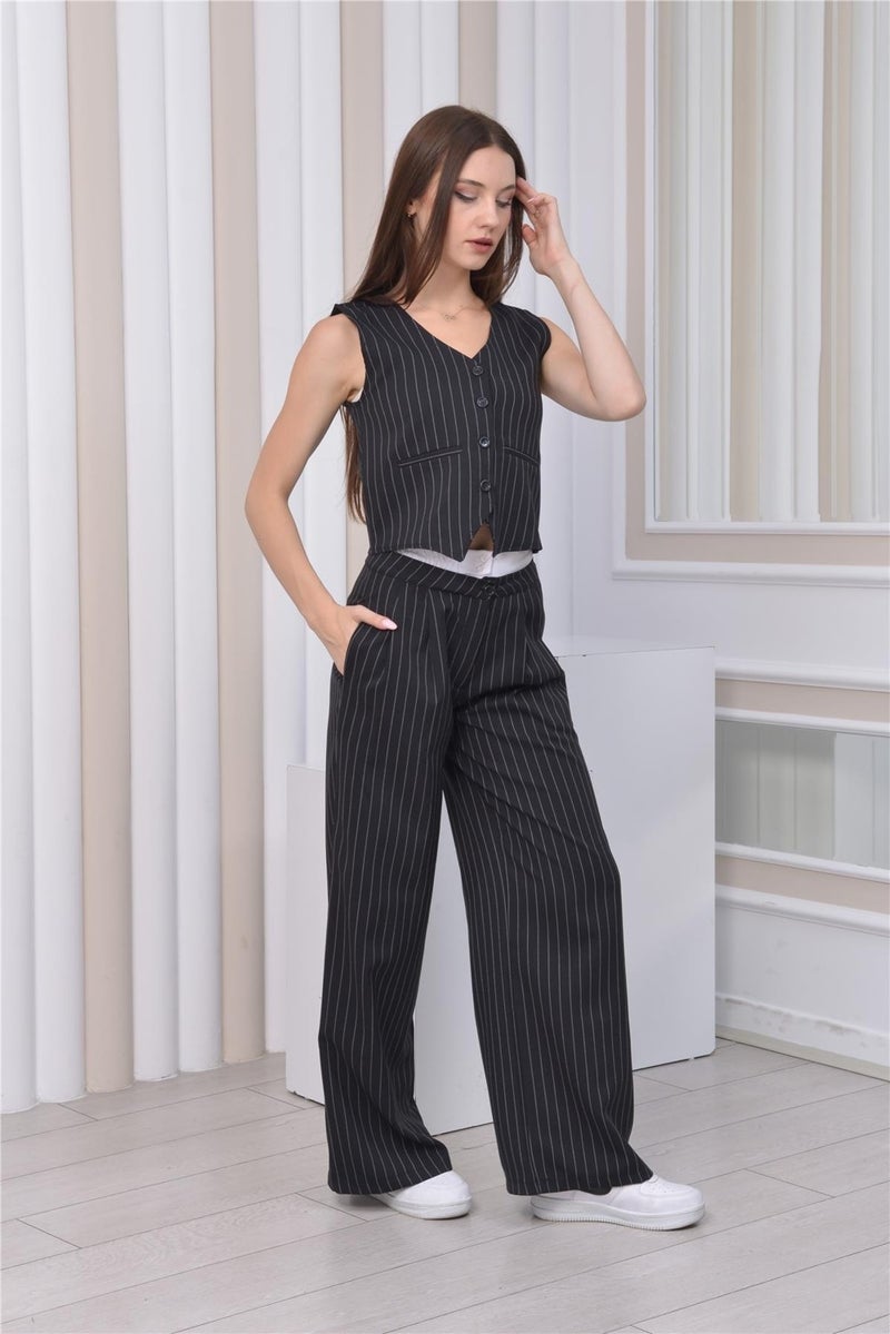 Nuseel Body-fitting Striped Patterned Trousers & Vest Black - Image 5