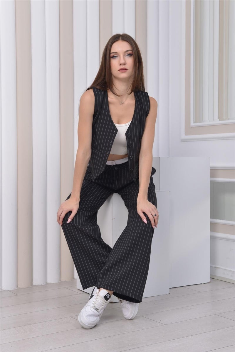 Nuseel Body-fitting Striped Patterned Trousers & Vest Black - Image 1
