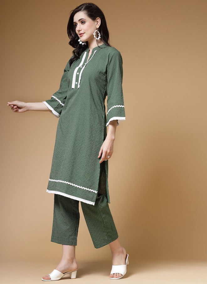 Indibelle Green Striped Mandarin Collar Cotton Straight Kurta with Three-Quarter Sleeves - Image 3