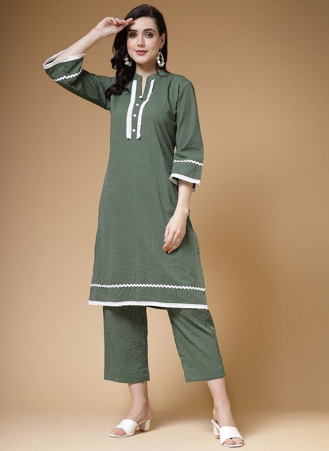 Indibelle Green Striped Mandarin Collar Cotton Straight Kurta with Three-Quarter Sleeves - Image 1
