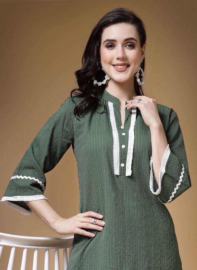 Indibelle Green Striped Mandarin Collar Cotton Straight Kurta with Three-Quarter Sleeves - Image 2