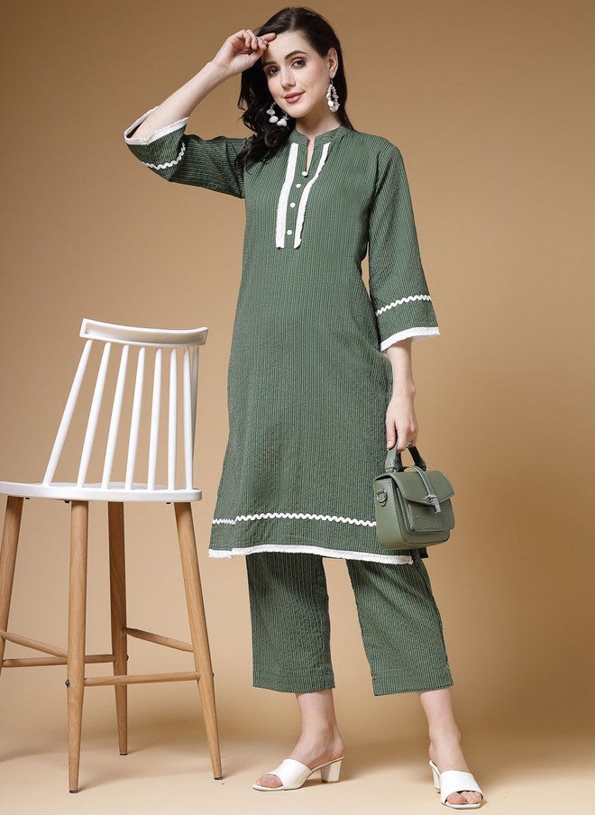 Indibelle Green Striped Mandarin Collar Cotton Straight Kurta with Three-Quarter Sleeves - Image 5