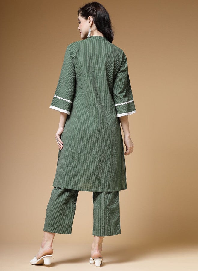 Indibelle Green Striped Mandarin Collar Cotton Straight Kurta with Three-Quarter Sleeves - Image 4