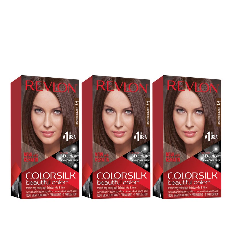 Revlon Permanent Hair Color, Permanent Hair Dye, Colorsilk with 100% Gray Coverage, Ammonia-Free, Keratin and Amino Acids, 27 Deep Rich Brown, 4.4 Oz (Pack of 3) - Image 1