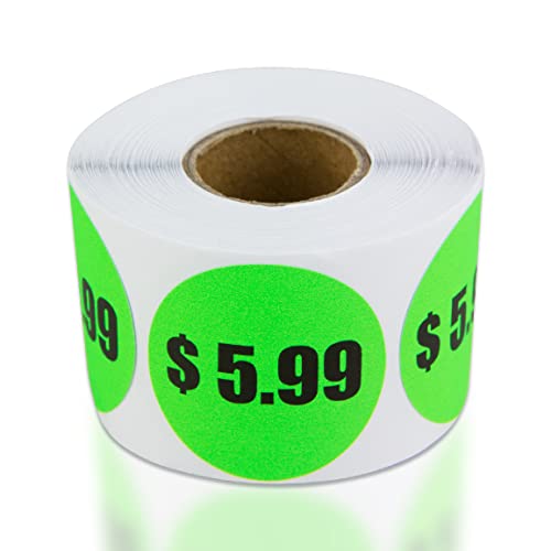 OfficeSmartLabels 5.99 Preprinted Price Stickers - 1.5 Inch Circle Round Stickers in Fluorescent Neon Green for Retail Store, Garage Sale, Yard Sale, Flea Market Pricing Labels and More - 300 Labels per Roll - Image 1