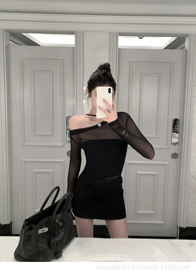 [Suit, Underwear Chest Pad Anti-slip] Long-sleeved Blouse Womens Early Spring High-end Sense Slim-fit Slimming Short Shoulder 2044 black two-piece set