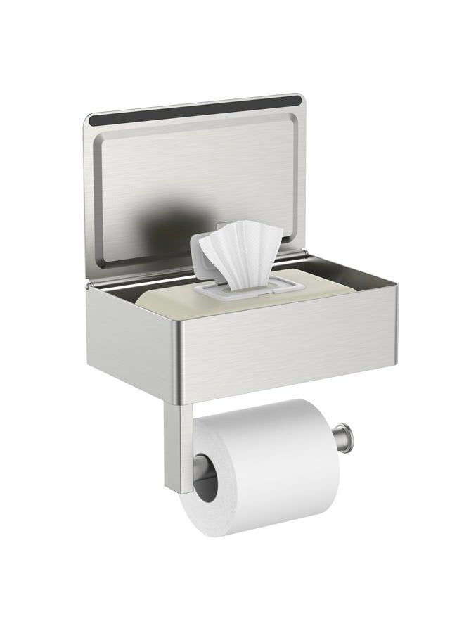 FORIOUS Toilet Paper Holder with Shelf, SUS304 Stainless Steel Wall Mount Toilet Paper Roll Holder, Flushable Wipes Dispenser Fits for Bathroom Wipe Storage, Bathroom Organizer Brushed Nickel - Image 1