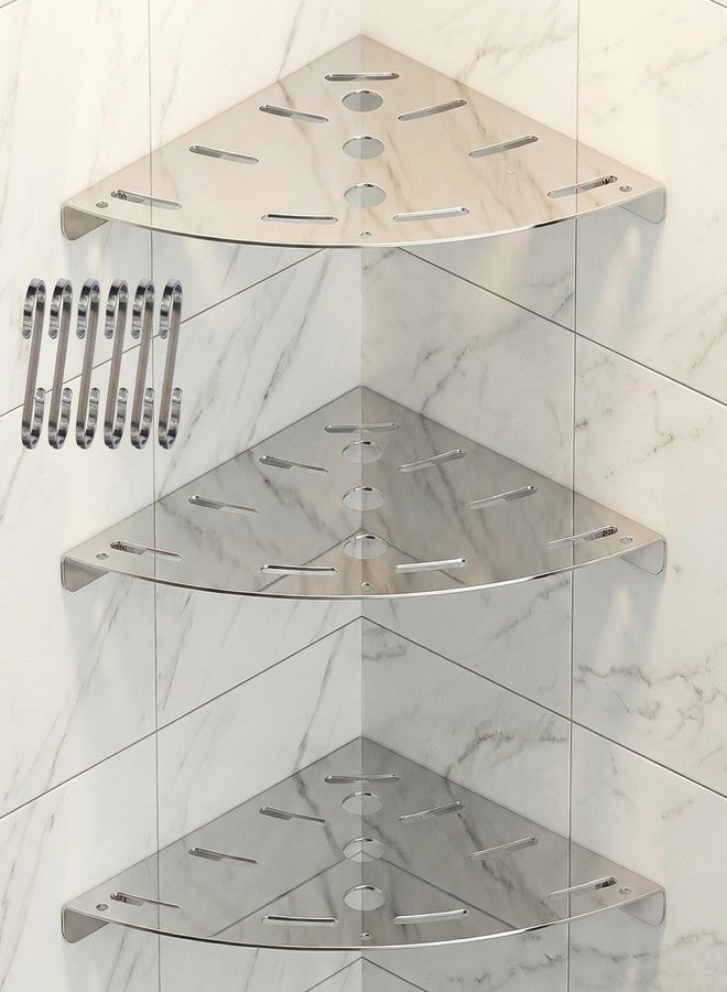 3 Pack Corner Shower Shelves, 304 Stainless Steel Corner Shelf Bathroom with 6 Hooks 40 lbs Heavy Duty, Durable for Inside Shower Brushed Nickel Drilling Installation（Silver - Image 1