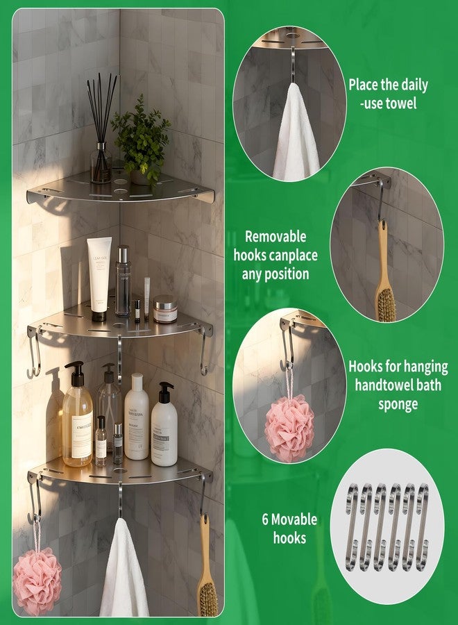 3 Pack Corner Shower Shelves, 304 Stainless Steel Corner Shelf Bathroom with 6 Hooks 40 lbs Heavy Duty, Durable for Inside Shower Brushed Nickel Drilling Installation（Silver - Image 3