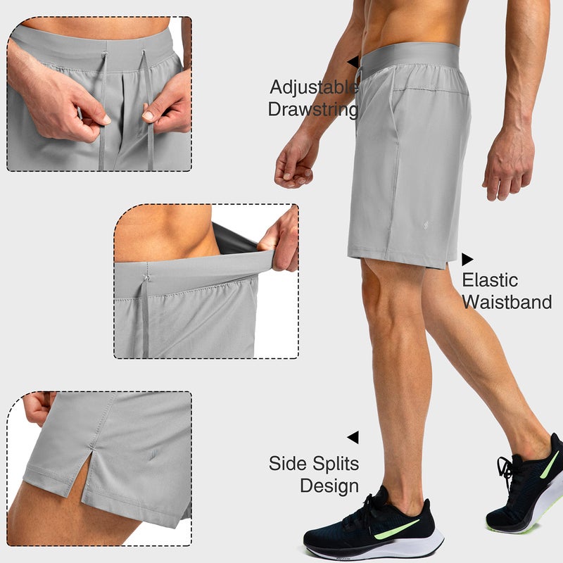 Soothfeel Men's Running Shorts with Zipper Pockets 7 Inch Lightweight Quick Dry Gym Athletic Workout Shorts for Men (Light Grey, M) - Image 5